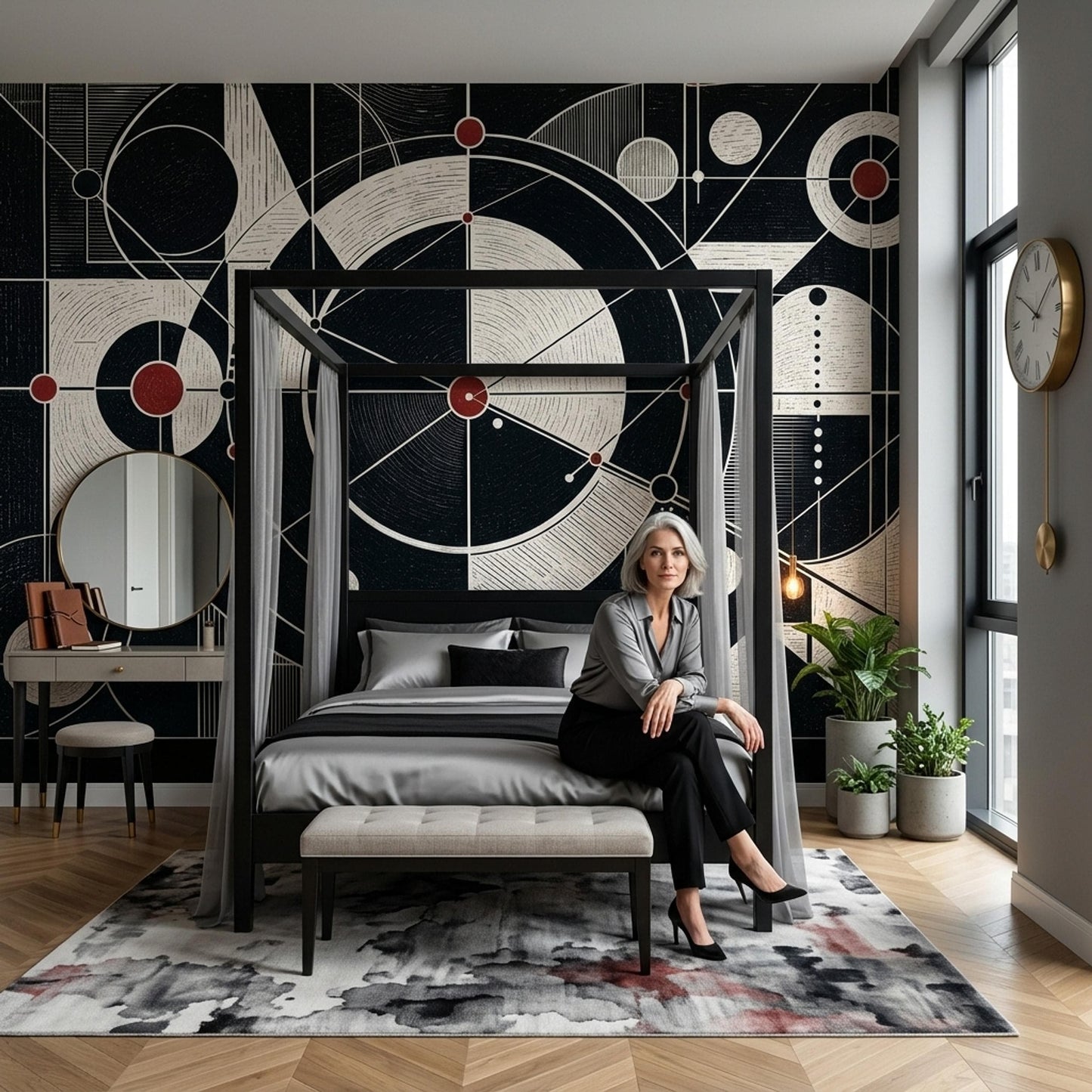 Mid Century Modern Wall Mural Bauhaus Geometric Abstract Retro Black White Wall Decor