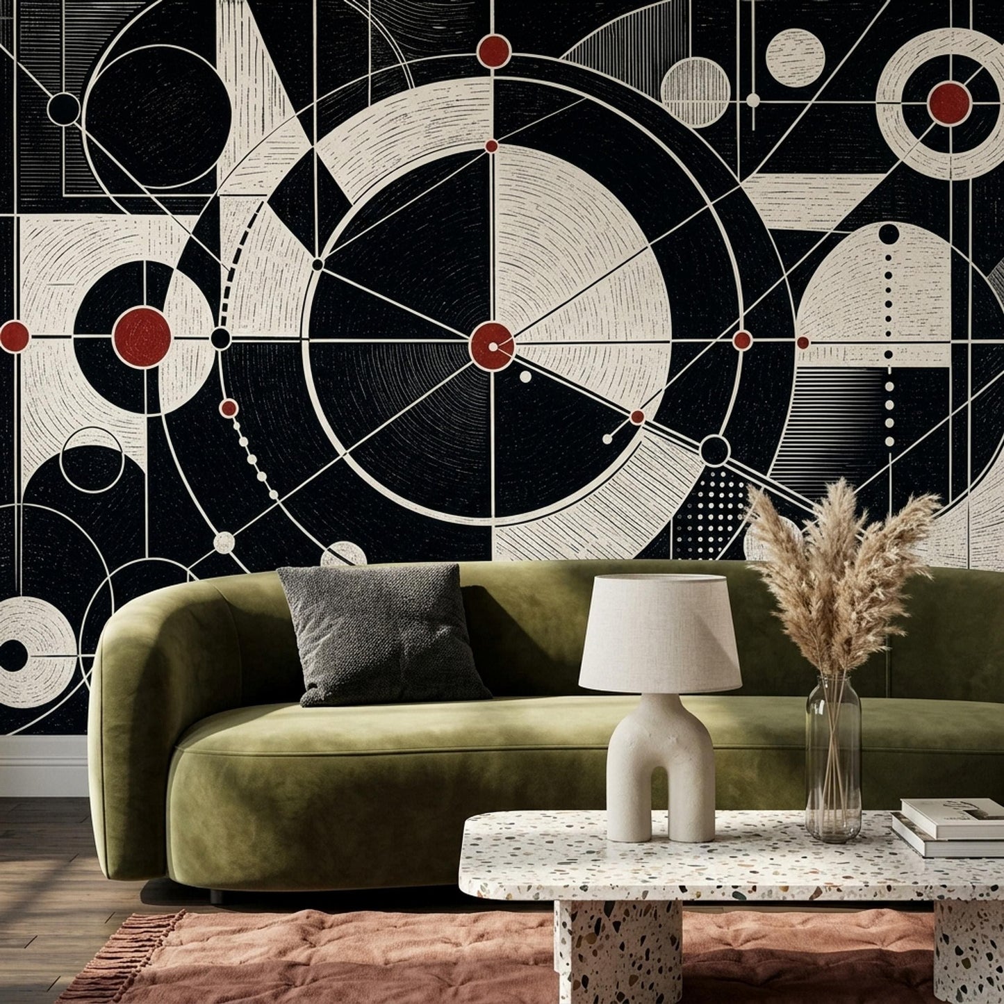 Mid Century Modern Wall Mural Bauhaus Geometric Abstract Retro Black White Wall Decor