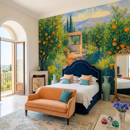 Mediterranean Citrus Orchard Wall Mural Italian Countryside Landscape Villa Wall Decor