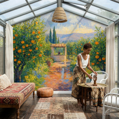 Mediterranean Citrus Orchard Wall Mural Italian Countryside Landscape Villa Wall Decor