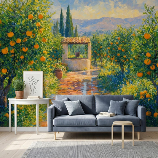 Mediterranean Citrus Orchard Wall Mural Italian Countryside Landscape Villa Wall Decor