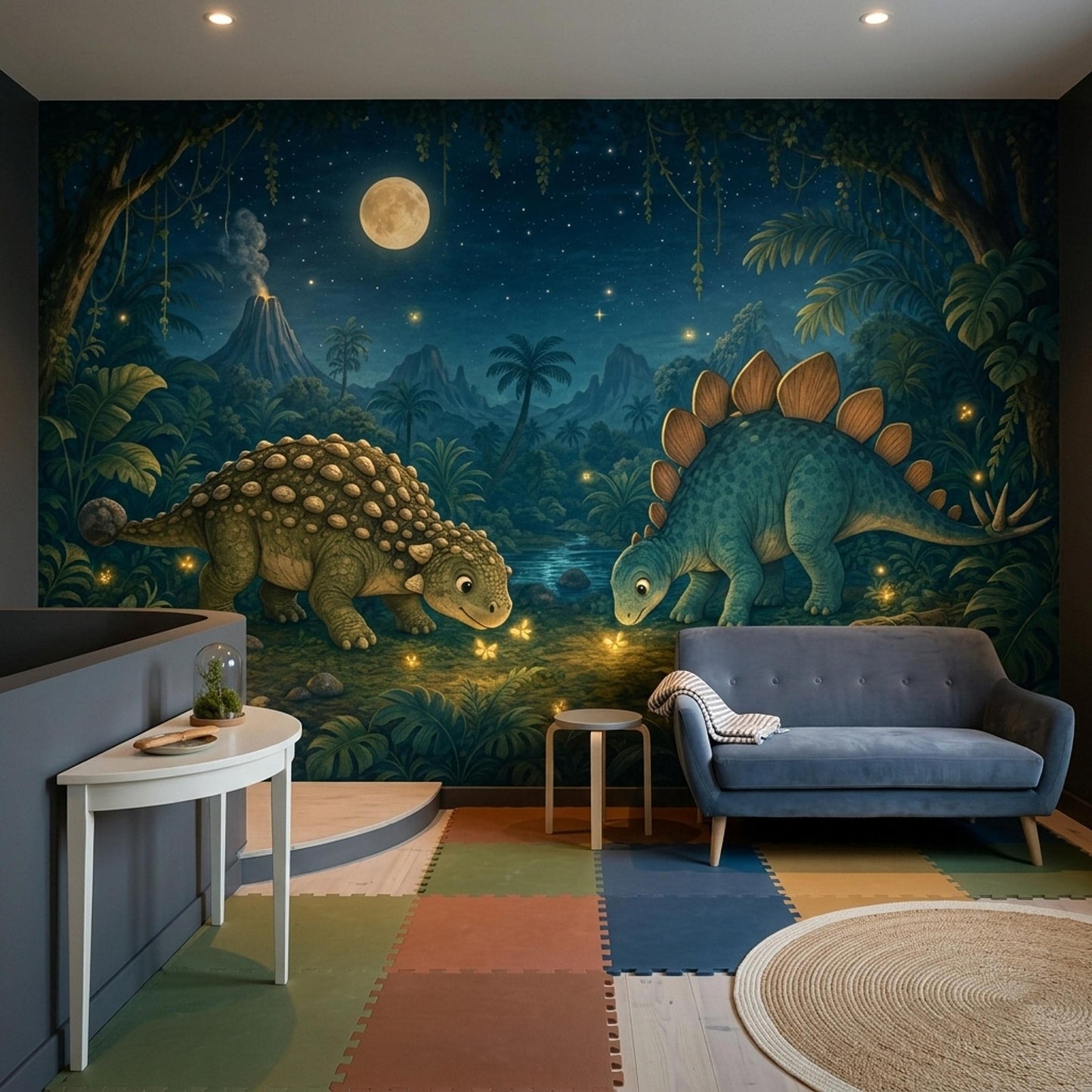 Moonlit Dinosaur Wall Mural Night Jungle Nursery Wallpaper Storybook Prehistoric Decor