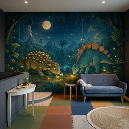 Moonlit Dinosaur Wall Mural Night Jungle Nursery Wallpaper Storybook Prehistoric Decor