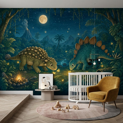 Moonlit Dinosaur Wall Mural Night Jungle Nursery Wallpaper Storybook Prehistoric Decor