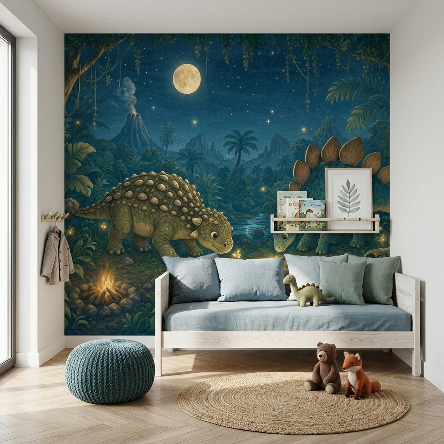 Moonlit Dinosaur Wall Mural Night Jungle Nursery Wallpaper Storybook Prehistoric Decor