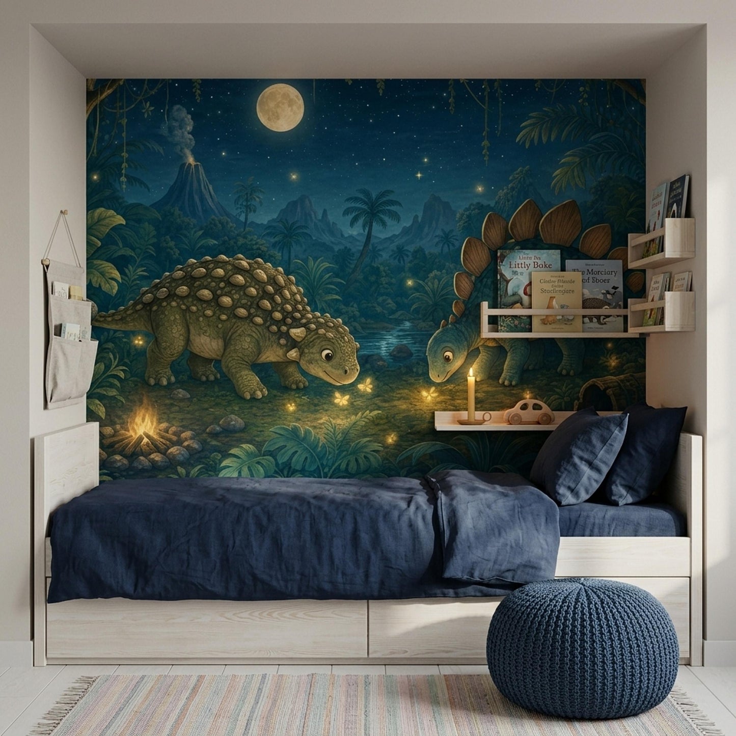 Moonlit Dinosaur Wall Mural Night Jungle Nursery Wallpaper Storybook Prehistoric Decor