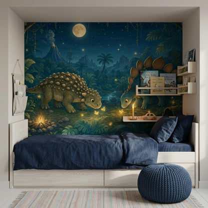 Moonlit Dinosaur Wall Mural Night Jungle Nursery Wallpaper Storybook Prehistoric Decor