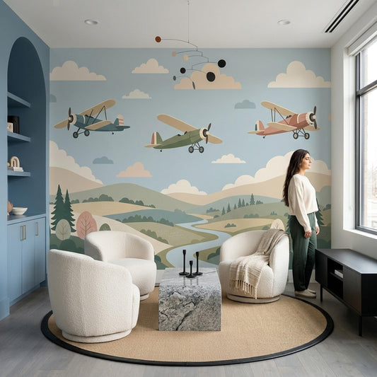 Retro Aviation Airplane Nursery Wall Mural Vintage Pilot Theme Decor