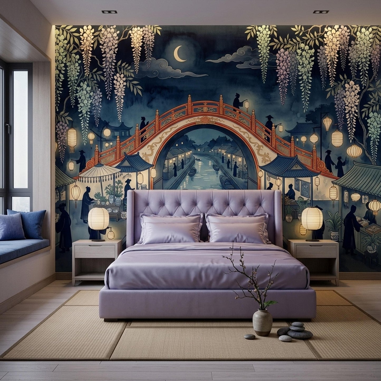 Japanese Garden Wall Mural Moonlit Canal Wisteria Asian Landscape Decor