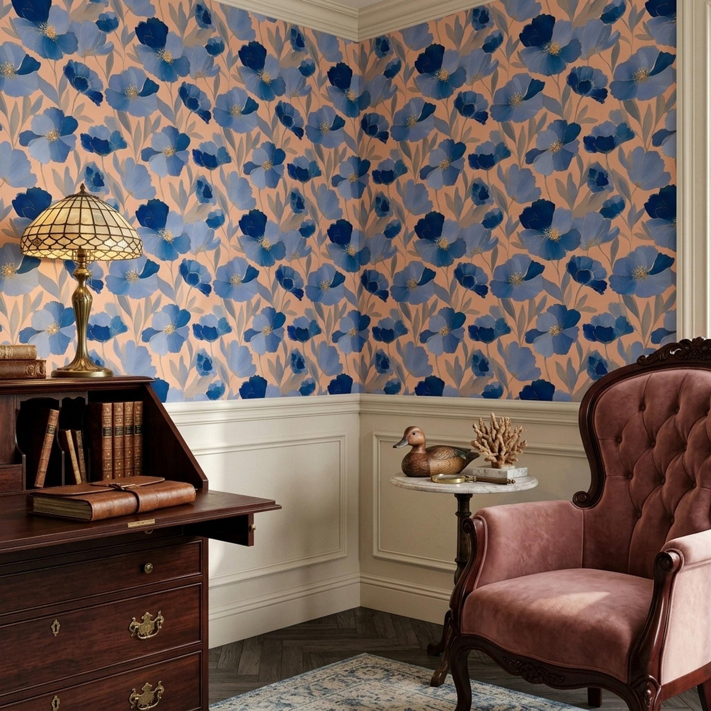 Art Deco Floral Wallpaper Blue Botanical Pattern Luxury Wall Decor Modern Wallpaper
