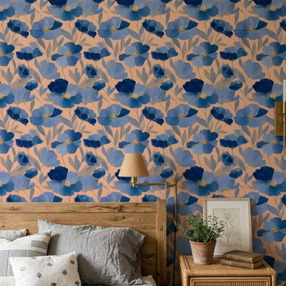 Art Deco Floral Wallpaper Blue Botanical Pattern Luxury Wall Decor Modern Wallpaper