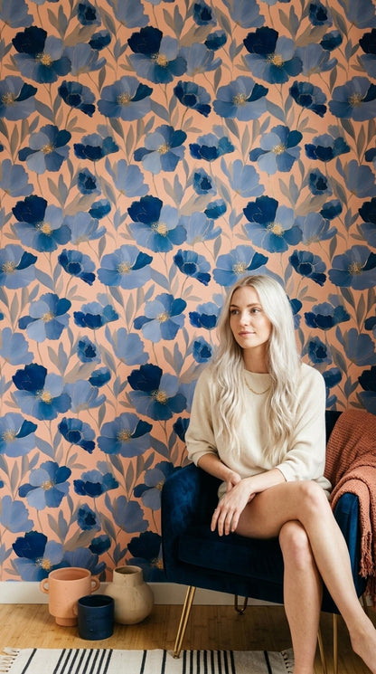 Art Deco Floral Wallpaper Blue Botanical Pattern Luxury Wall Decor Modern Wallpaper
