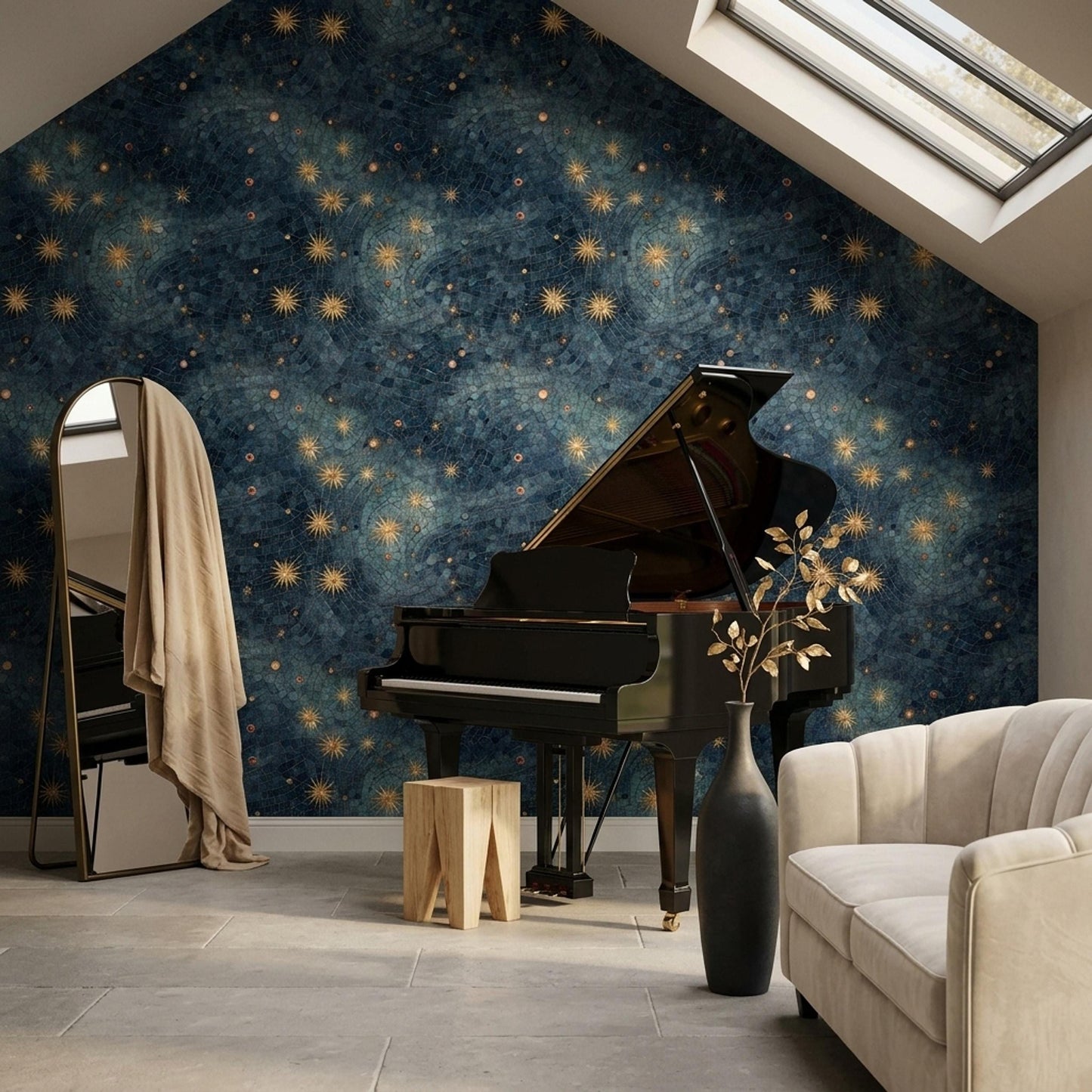 Art Deco Celestial Wallpaper Midnight Sky Mosaic Pattern Luxury Dark Wall Decor