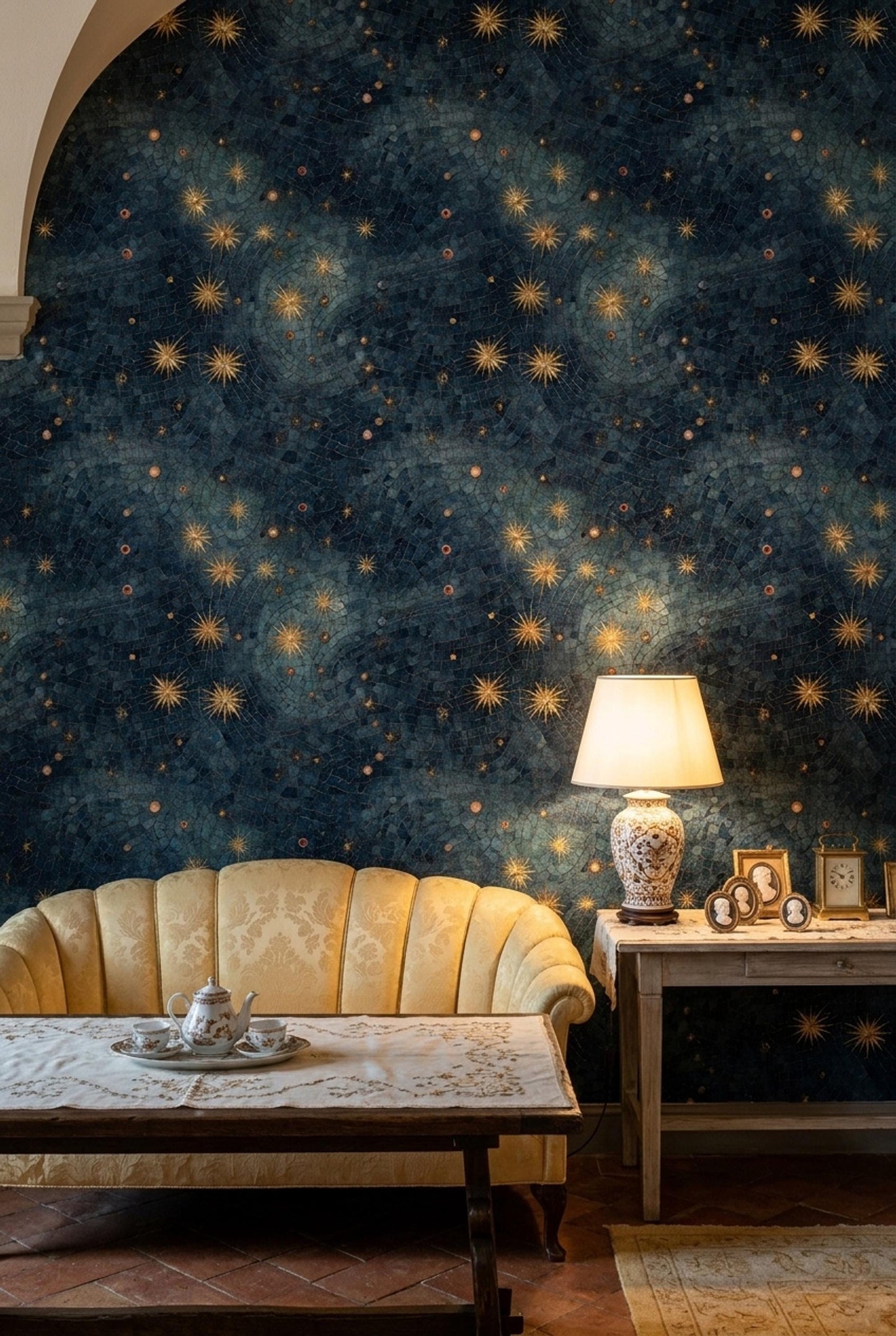 Art Deco Celestial Wallpaper Midnight Sky Mosaic Pattern Luxury Dark Wall Decor