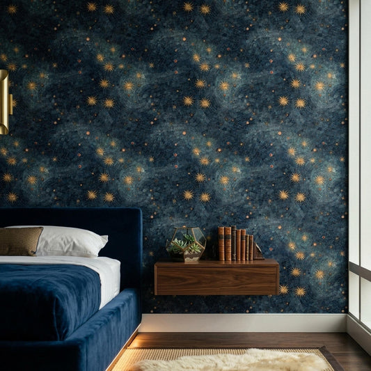 Art Deco Celestial Wallpaper Midnight Sky Mosaic Pattern Luxury Dark Wall Decor
