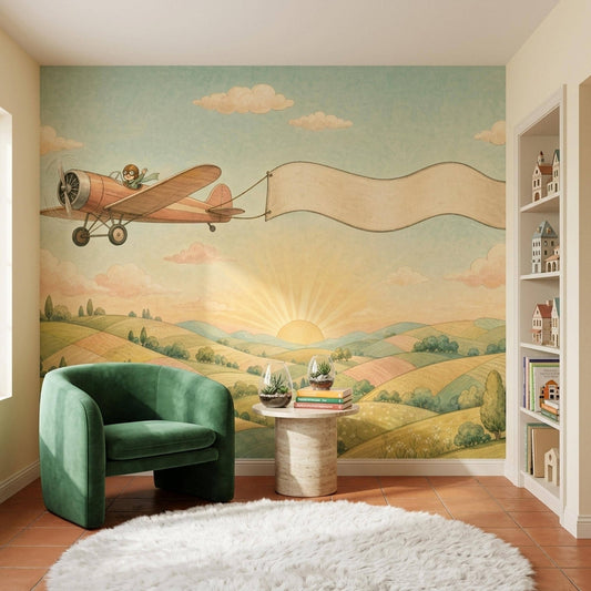 Vintage Aviation Nursery Wall Mural Airplane Pilot Storybook Kids Room Decor