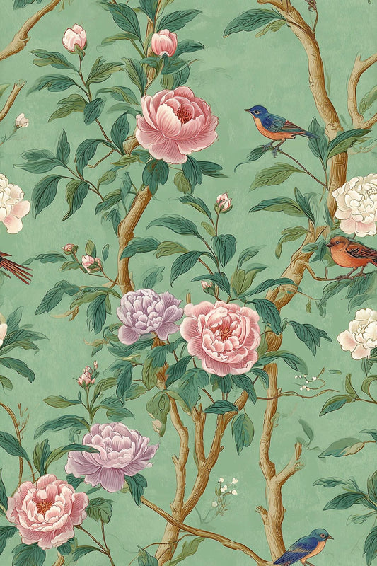 Chinoiserie Bird Wallpaper Peony Botanical Sage Green Vintage Wall Decor Pattern