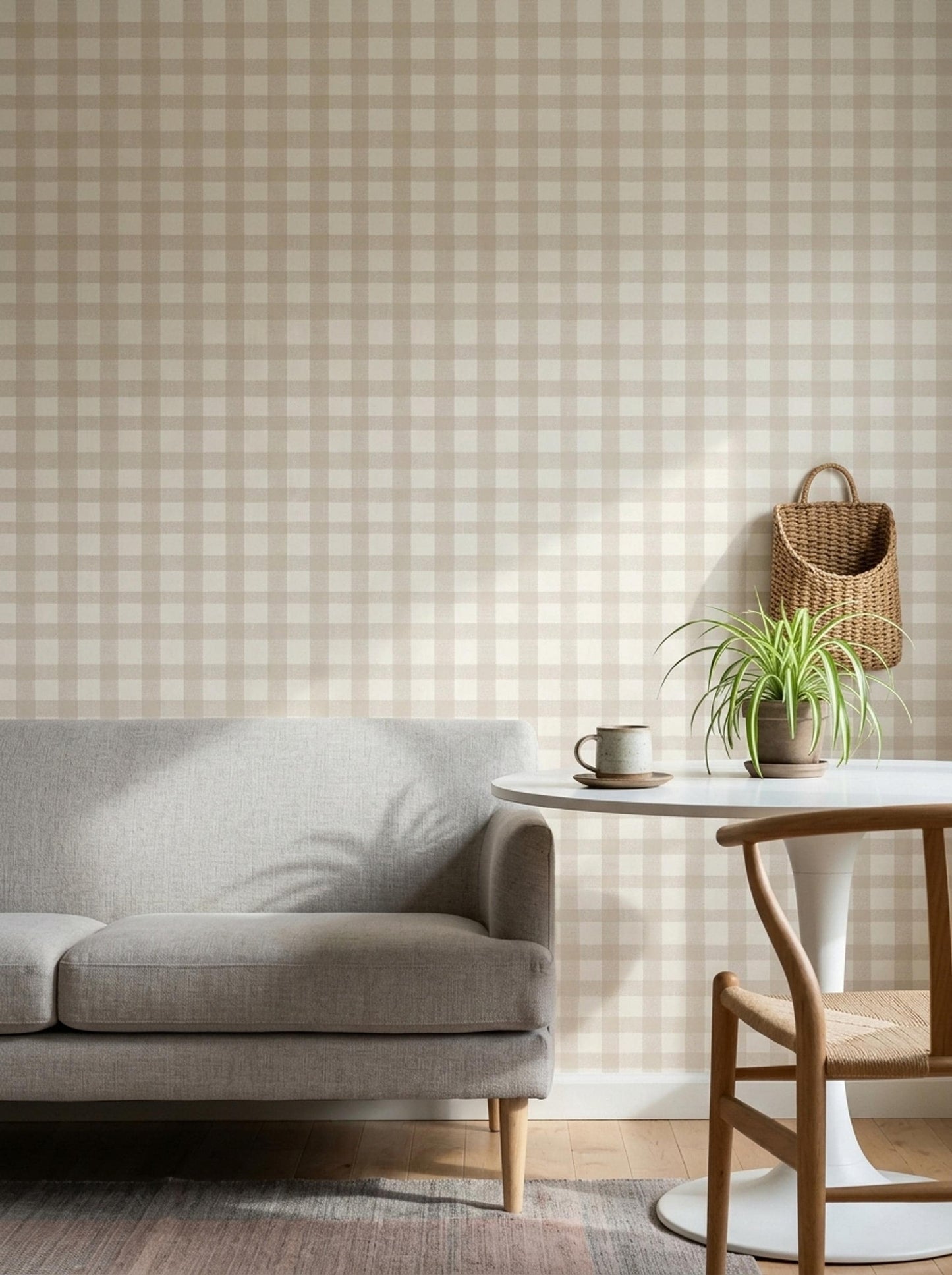 Modern Farmhouse Gingham Wallpaper Neutral Beige Check Pattern Rustic Wall Decor