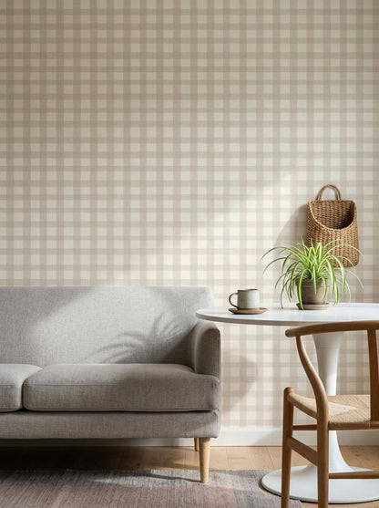 Modern Farmhouse Gingham Wallpaper Neutral Beige Check Pattern Rustic Wall Decor