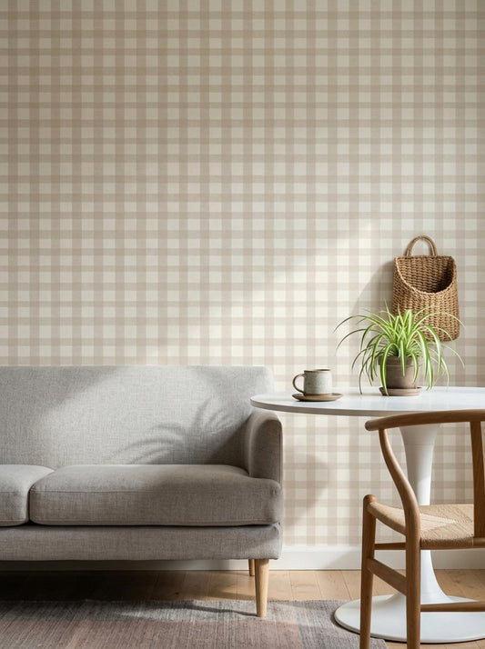 Modern Farmhouse Gingham Wallpaper Neutral Beige Check Pattern Rustic Wall Decor