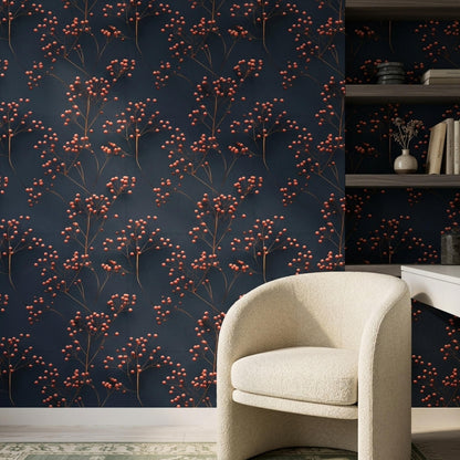 Moody Botanical Wallpaper Navy Berry Branch Pattern Scandinavian Wall Decor