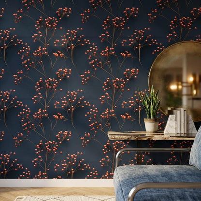 Moody Botanical Wallpaper Navy Berry Branch Pattern Scandinavian Wall Decor