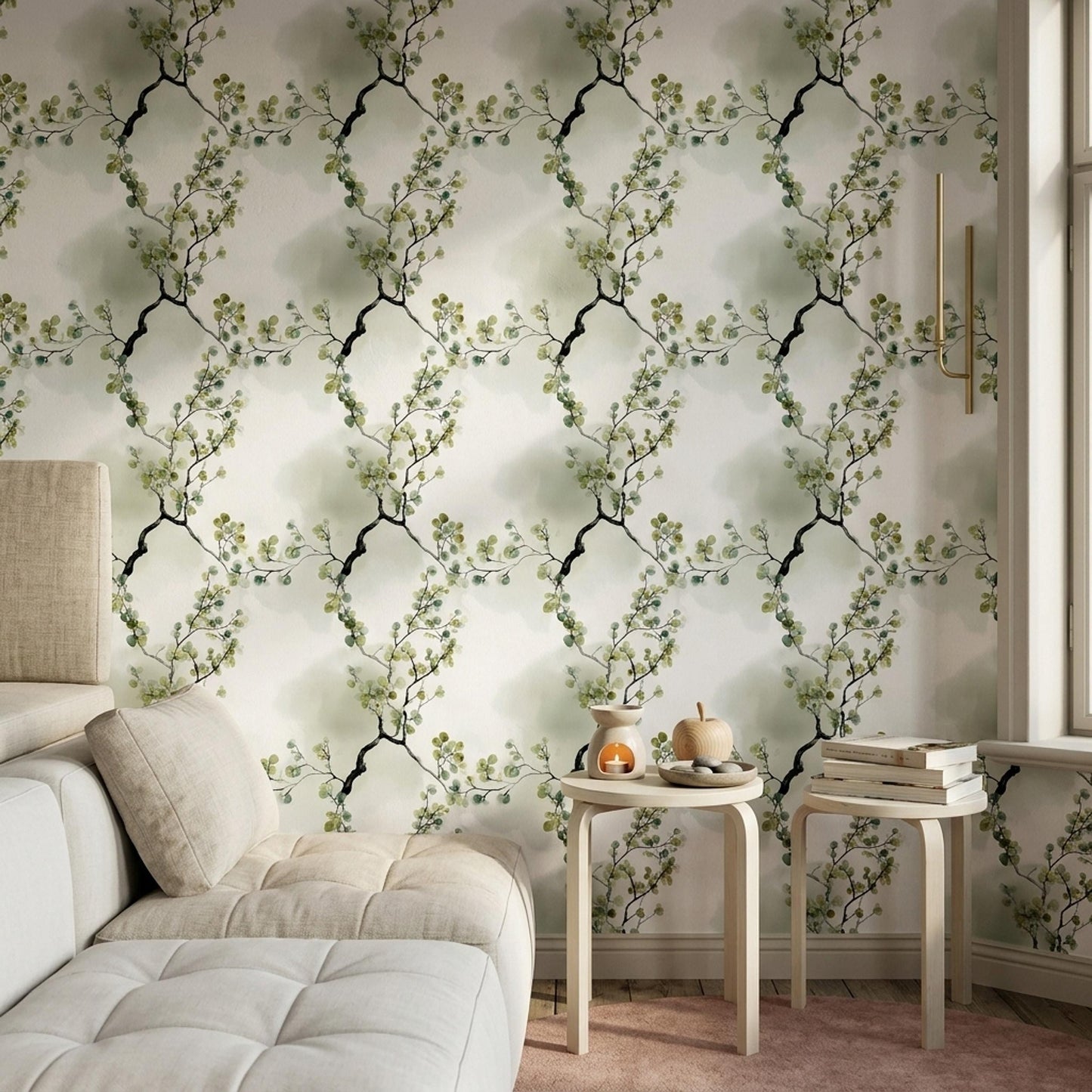 Eucalyptus Leaves Wallpaper Watercolor Sage Green Japandi Botanical Wall Decor