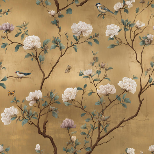 Gold Chinoiserie Wallpaper Vintage Bird Floral Botanical Wall Decor