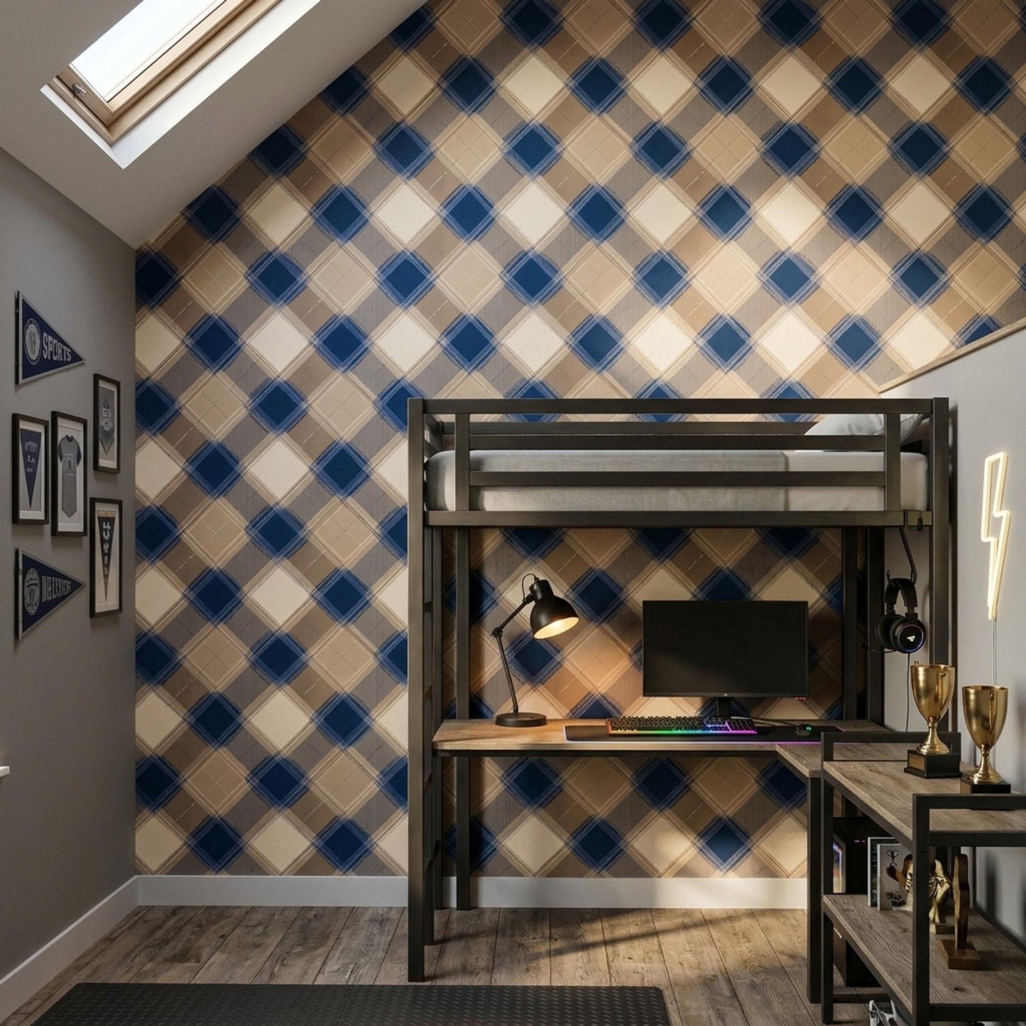 Modern Plaid Wallpaper Blue Beige Geometric Check Wall Decor