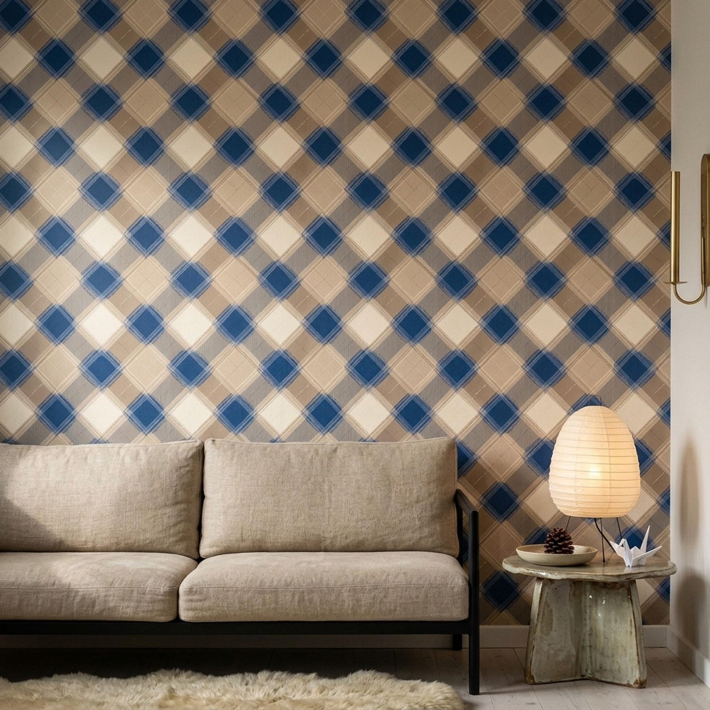 Modern Plaid Wallpaper Blue Beige Geometric Check Wall Decor