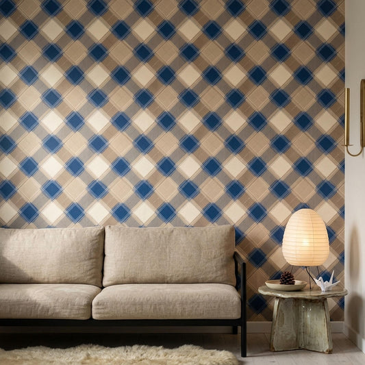 Modern Plaid Wallpaper Blue Beige Geometric Check Wall Decor