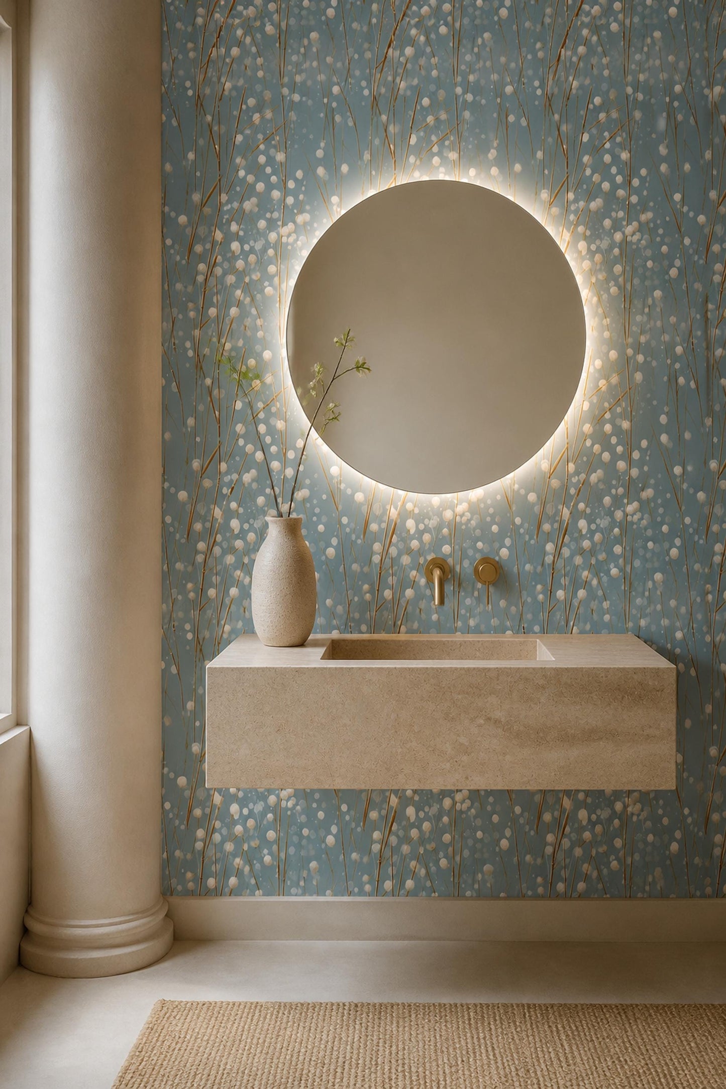 Blue Winter Berry Wallpaper Minimal Botanical Pattern Scandinavian Organic Modern Decor
