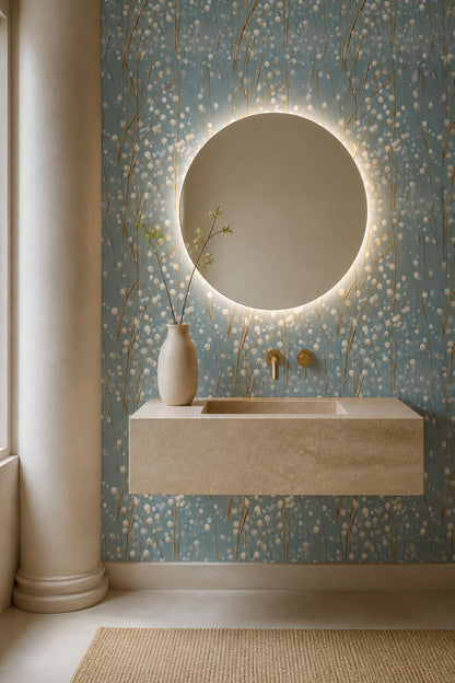 Blue Winter Berry Wallpaper Minimal Botanical Pattern Scandinavian Organic Modern Decor