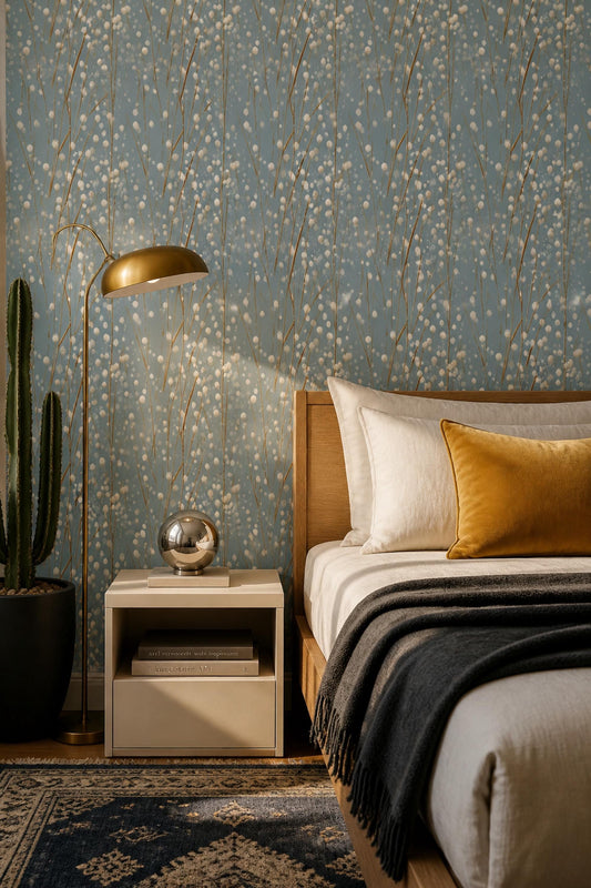 Blue Winter Berry Wallpaper Minimal Botanical Pattern Scandinavian Organic Modern Decor