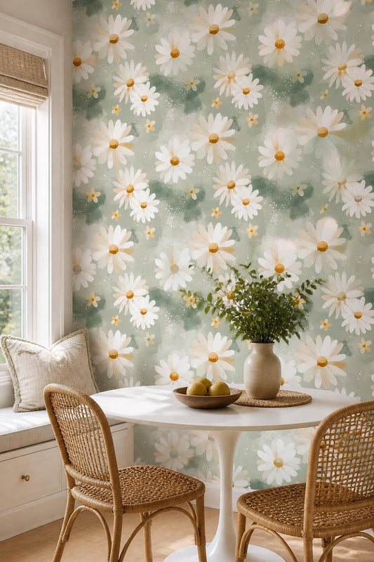 Watercolor Daisy Wallpaper Sage Green Floral Pattern Cottagecore Wildflower Wall Decor