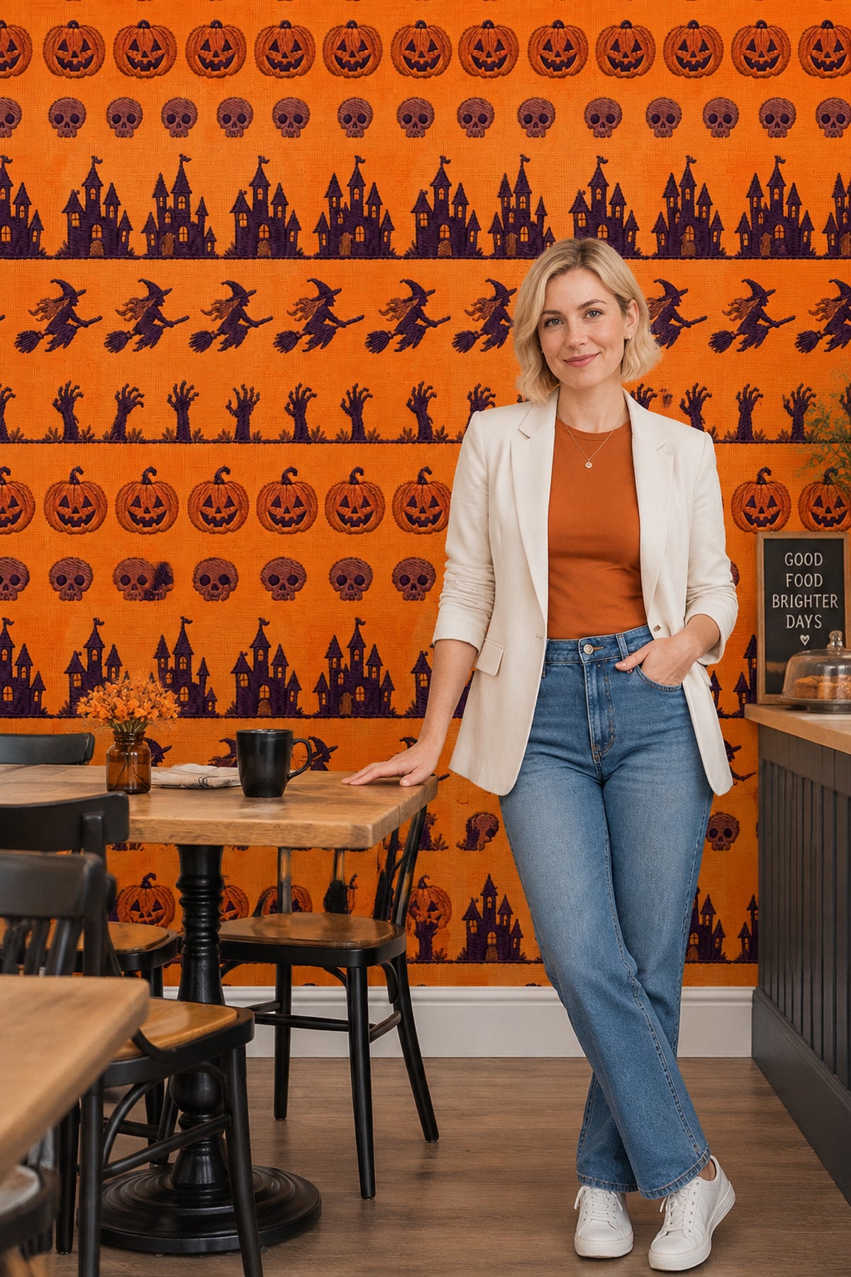 Halloween Pumpkins Skulls And Witches Wallpaper Orange Embroidered Look