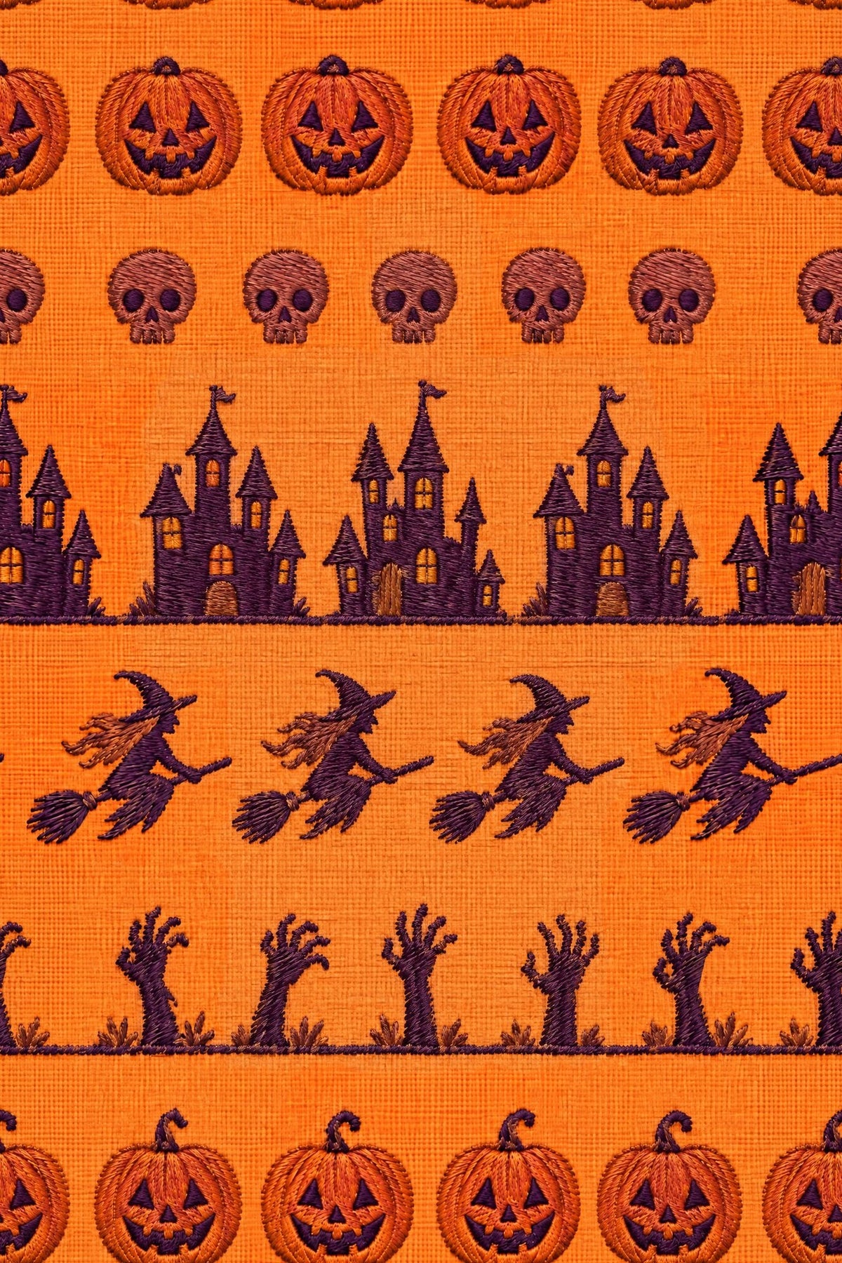Halloween Pumpkins Skulls And Witches Wallpaper Orange Embroidered Look