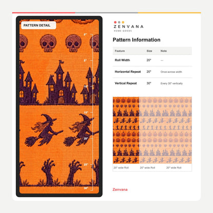 Halloween Pumpkins Skulls And Witches Wallpaper Orange Embroidered Look