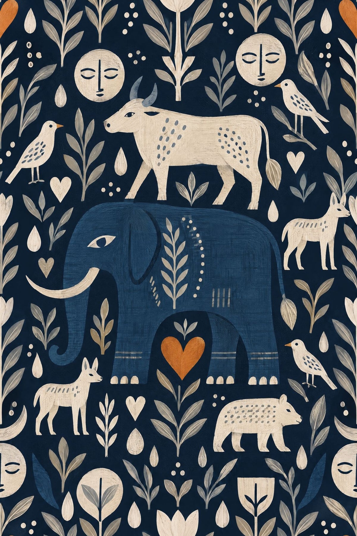 Blue Elephant And Cow Wallpaper In Dark Navy Folk Art Style