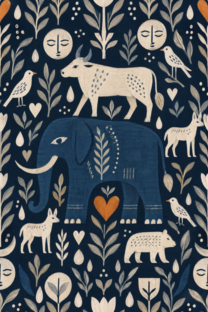 Blue Elephant And Cow Wallpaper In Dark Navy Folk Art Style