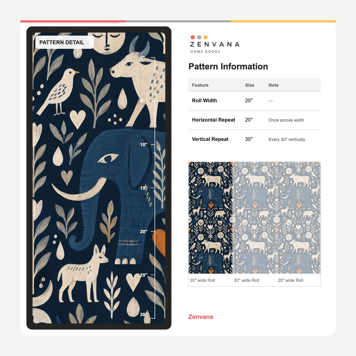 Blue Elephant And Cow Wallpaper In Dark Navy Folk Art Style