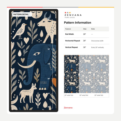 Blue Elephant And Cow Wallpaper In Dark Navy Folk Art Style