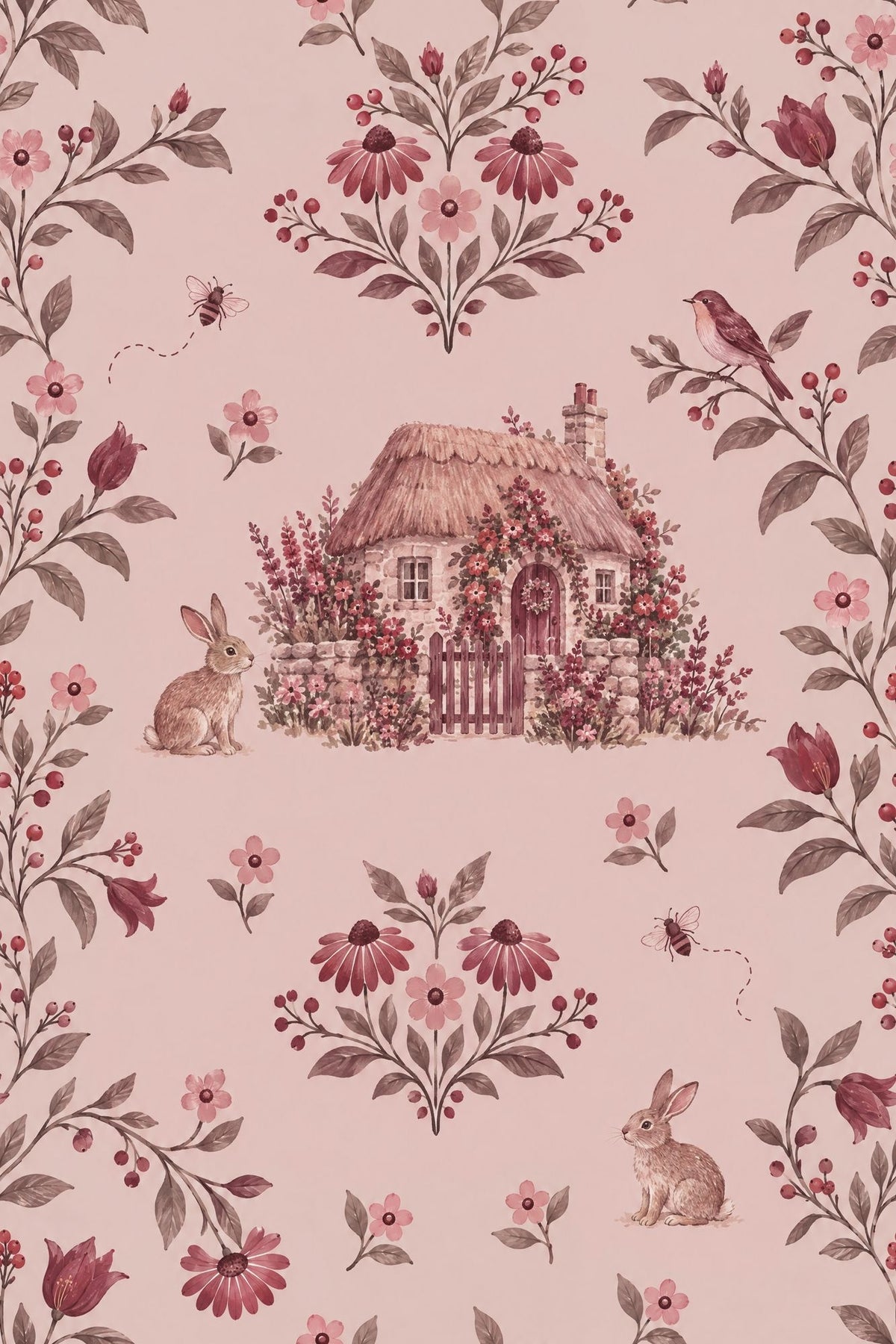 Rabbits In Country Garden Wallpaper Watercolor Pink Floral