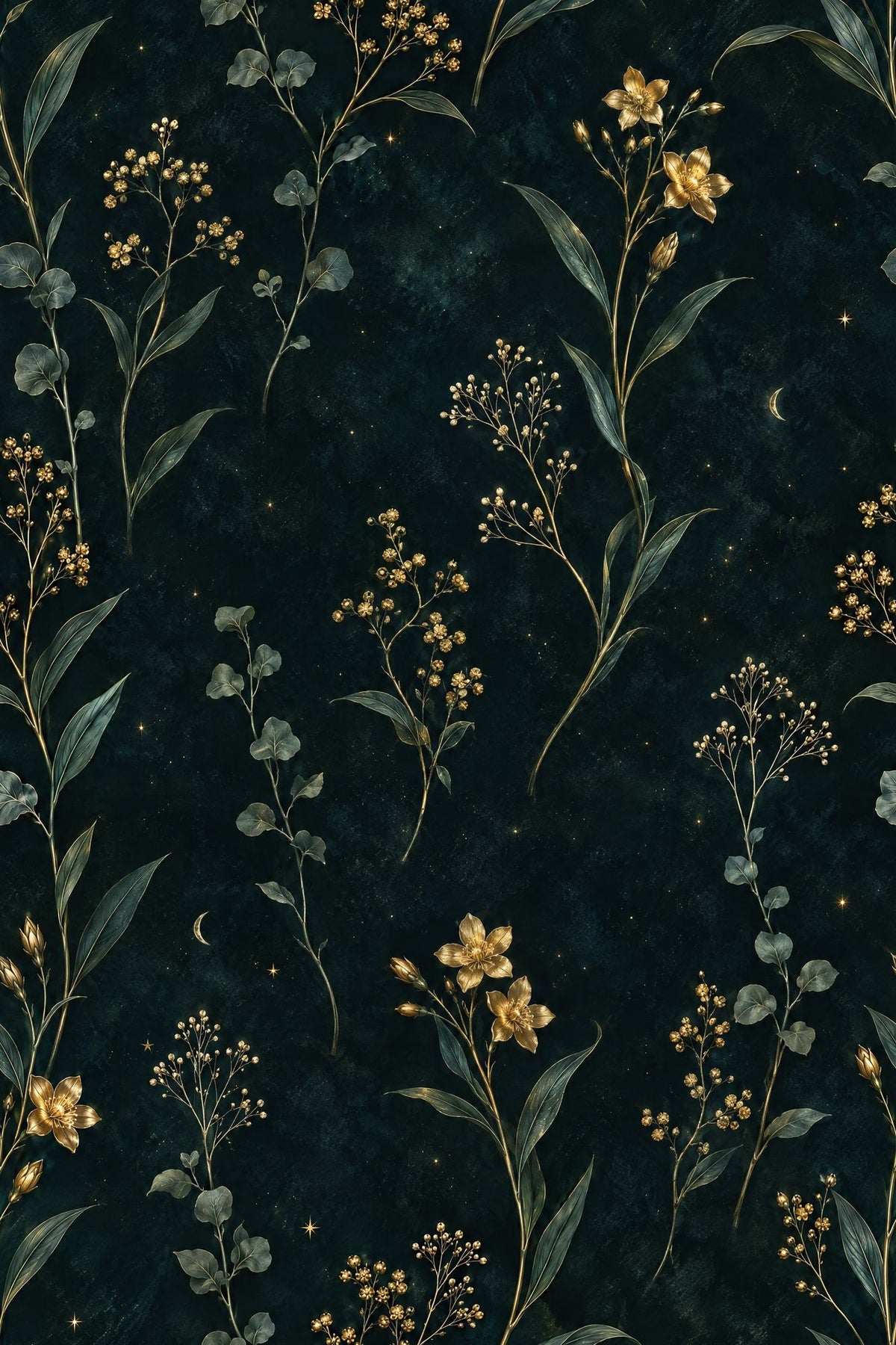 Golden Floral Branches Wallpaper Dark Emerald Moon And Stars