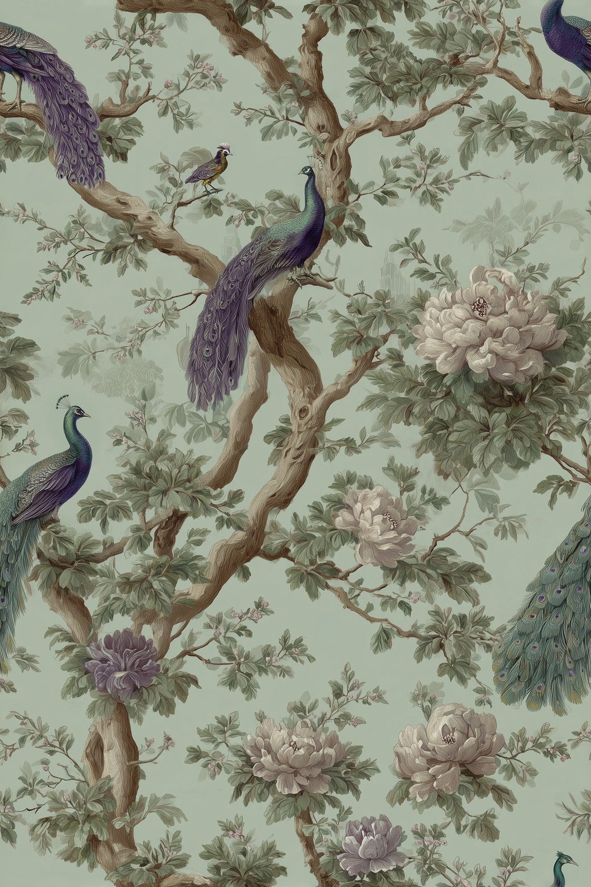 Peacocks And Peonies Wallpaper Sage Green Chinoiserie