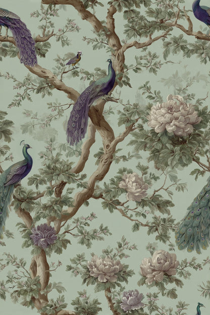Peacocks And Peonies Wallpaper Sage Green Chinoiserie