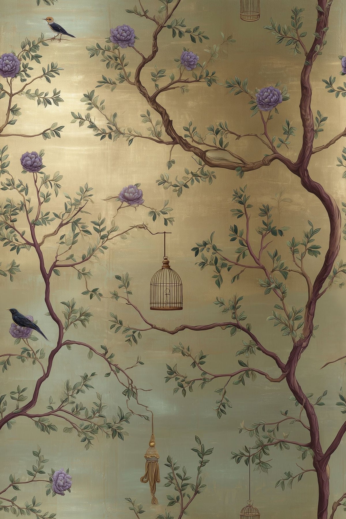 Birds And Hanging Birdcages Wallpaper Sage Green Botanical