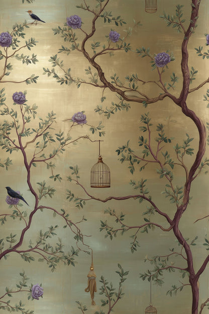 Birds And Hanging Birdcages Wallpaper Sage Green Botanical