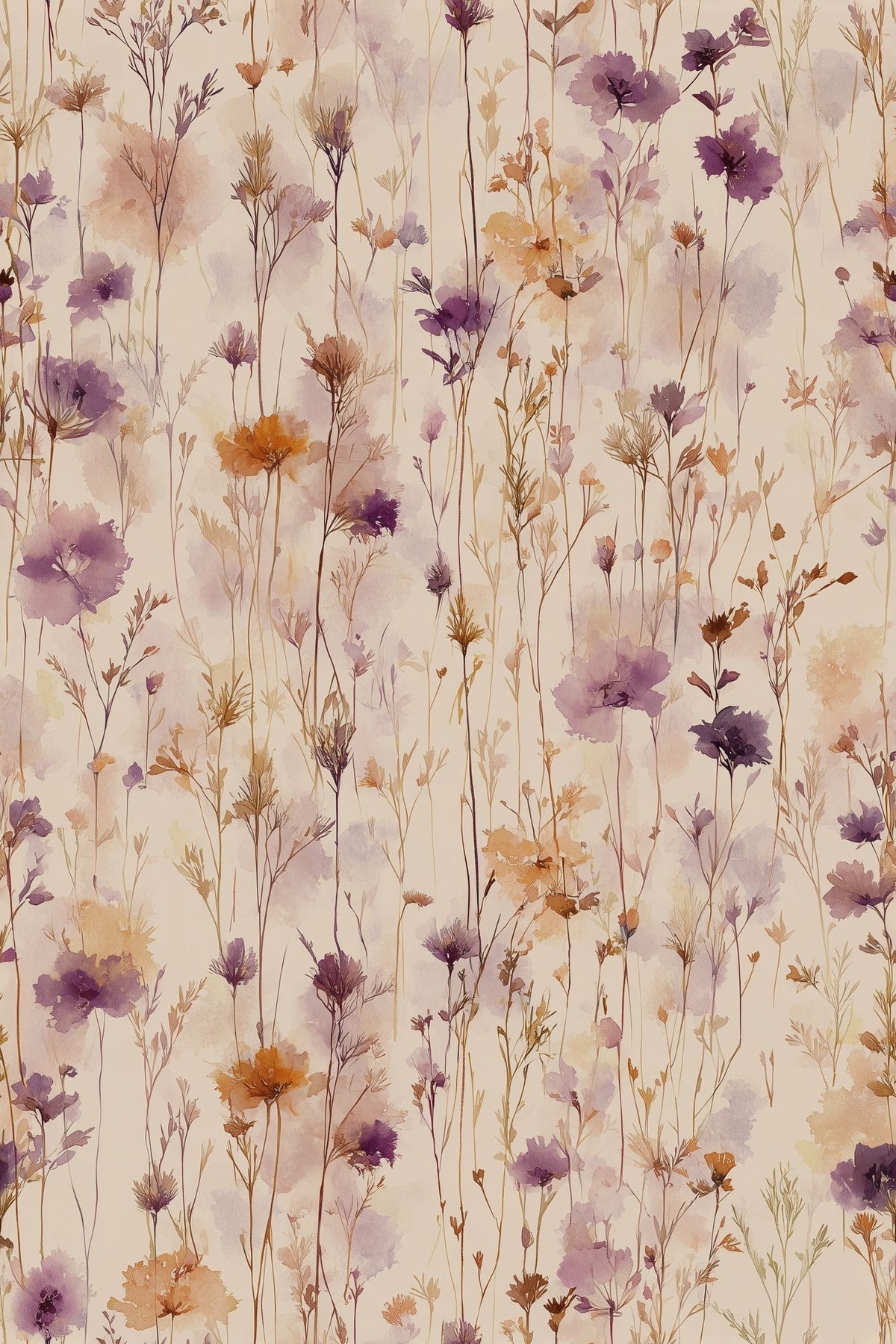 Lavender Wildflower Stems Wallpaper Watercolor Cream Ground