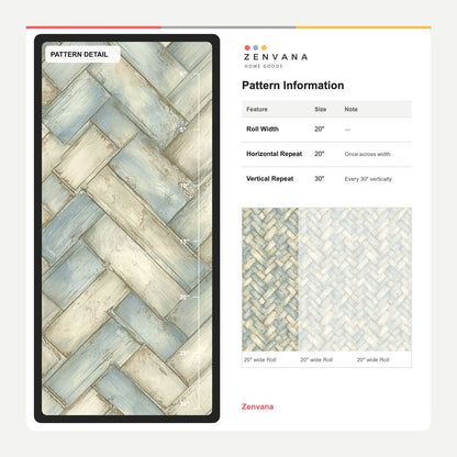 Weathered Wood Planks Wallpaper Pale Blue Herringbone